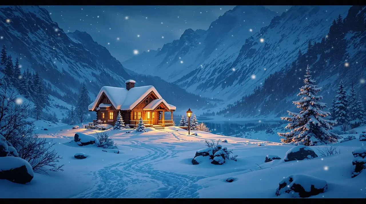 影视在线观看冬日收藏引导 雪松林间小屋夜景 - 影视在线观看收藏引导